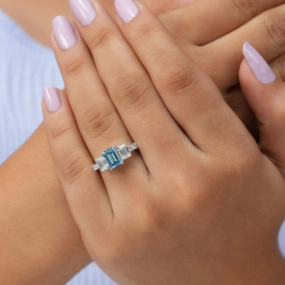 Blue Emerald Cut Lab Diamond Engagement Ring