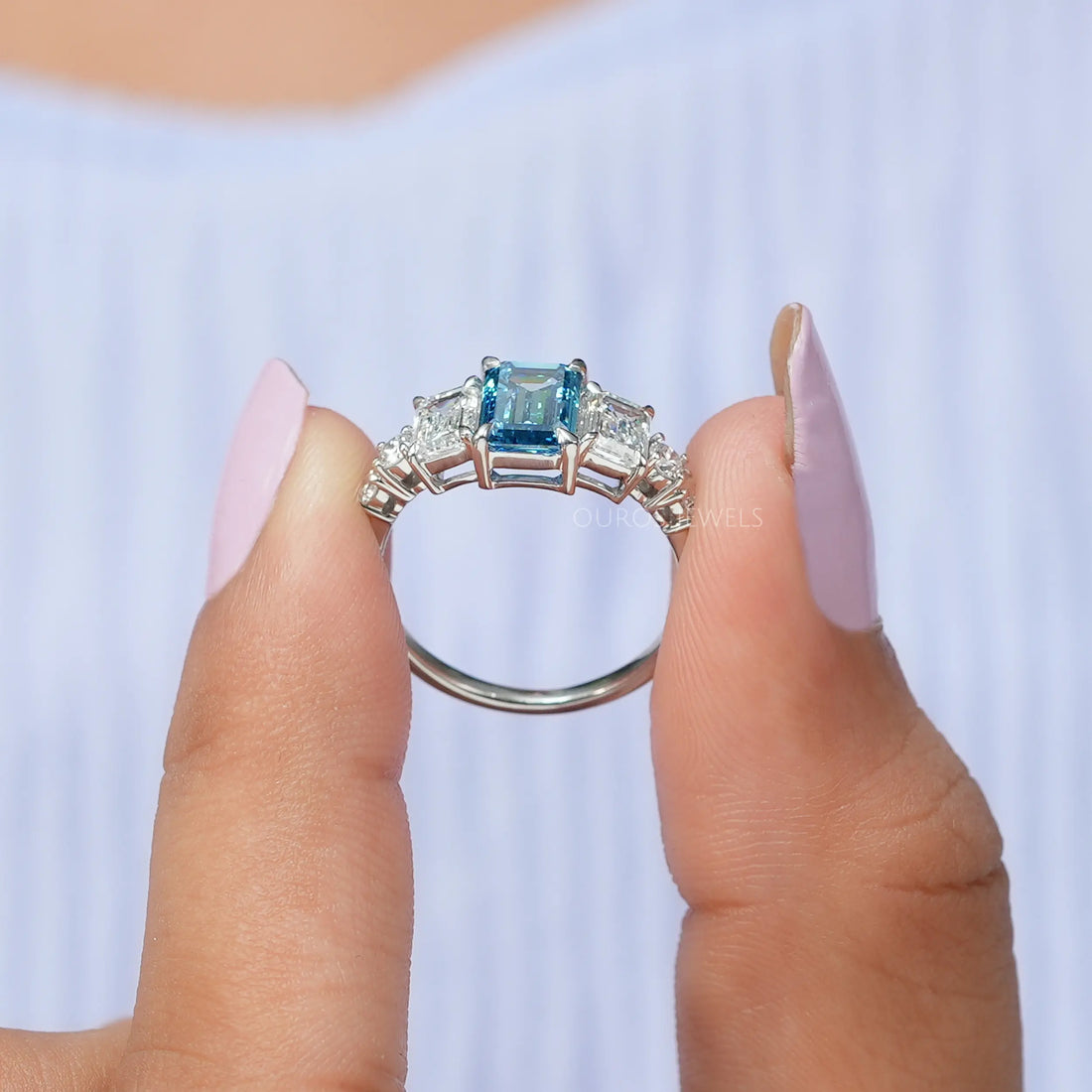 Blue Emerald Cut Lab Diamond Engagement Ring