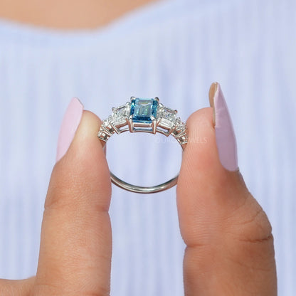 Blue Emerald Cut Lab Diamond Engagement Ring