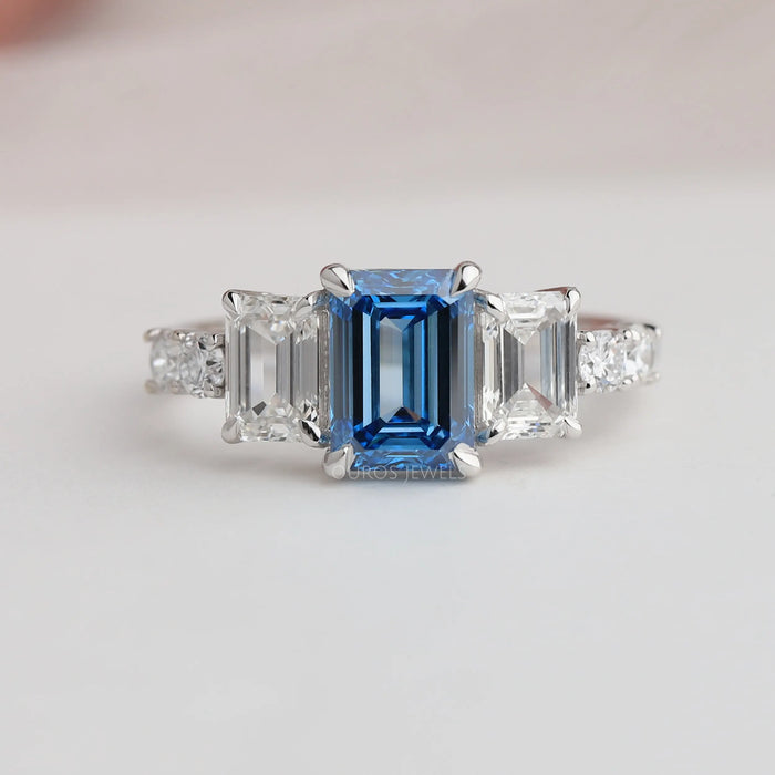Emerald and Round Cut Lab Diamond Ring in White Gold