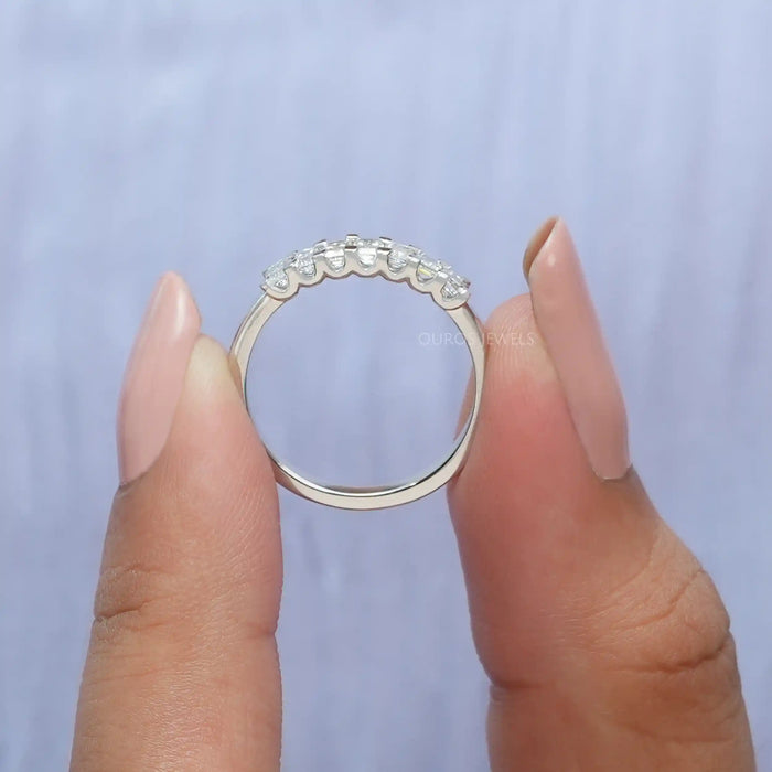 U prong diamond wedding band with emerald cut lab diamonds