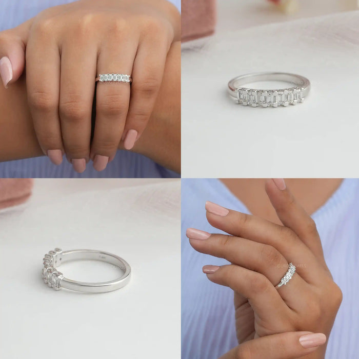 Collage of emerald cut diamond wedding anniversary band