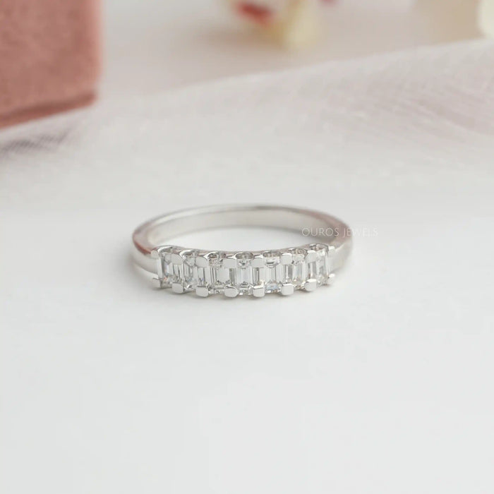 7 Stone lab grown diamond emerald cut wedding band in solid gold