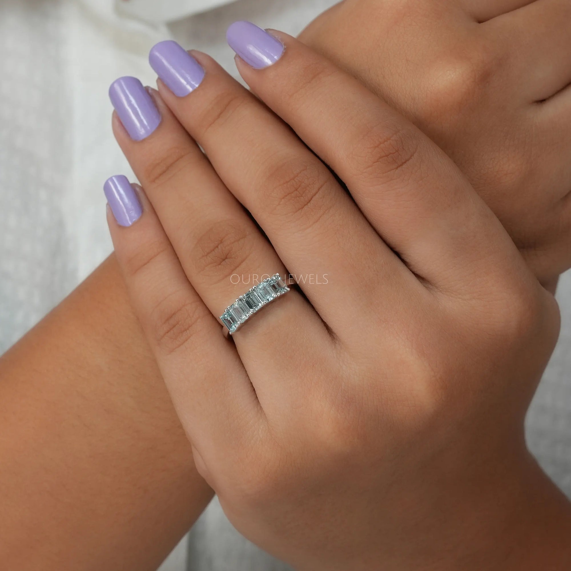 Five Stone Light Blue Emerald Cut Wedding Ring