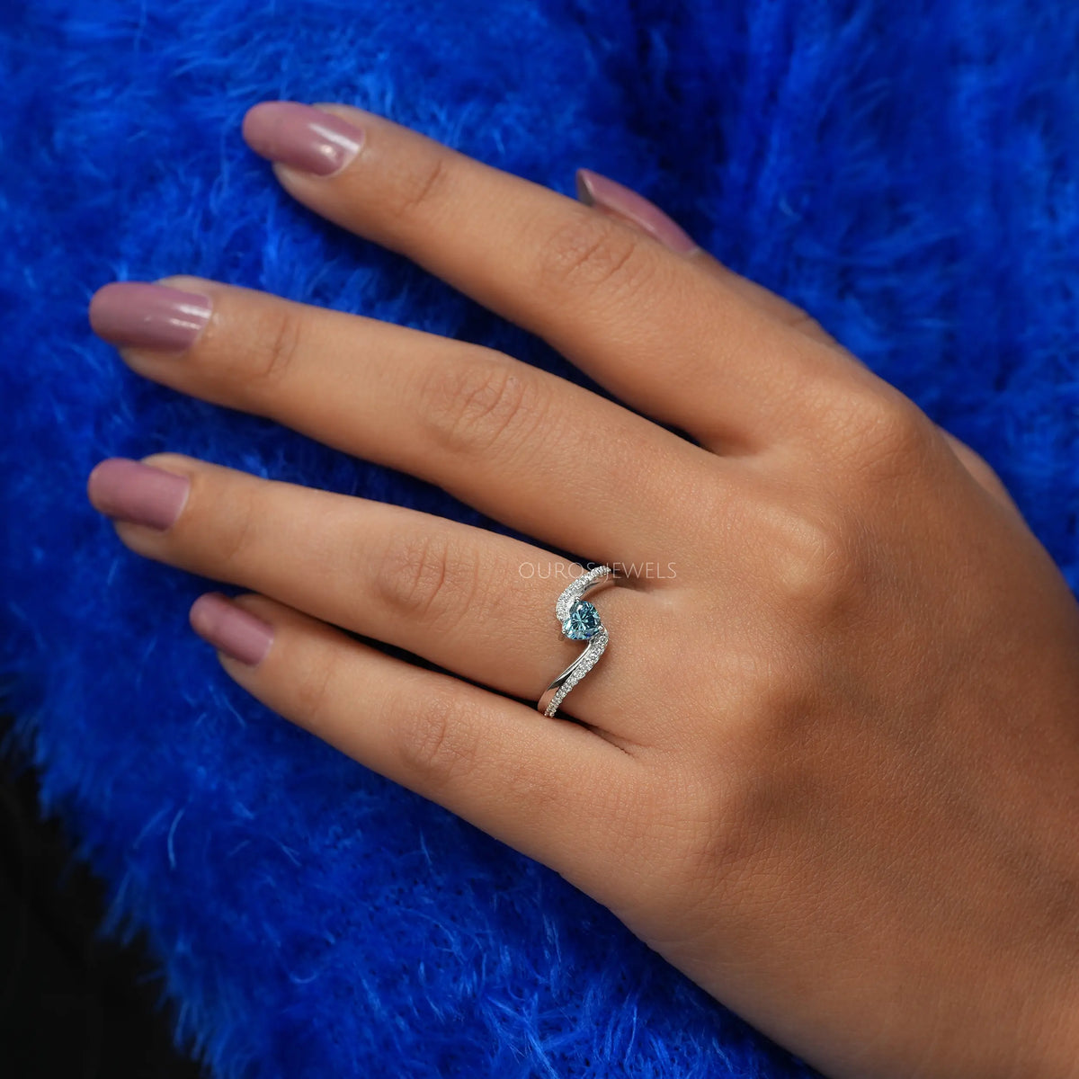 Blue Heart Cut Solitaire Accent Diamond Ring