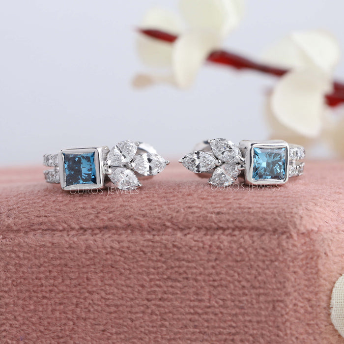 Blue Princess Cut Lab Grown Diamond Hoop Earrings