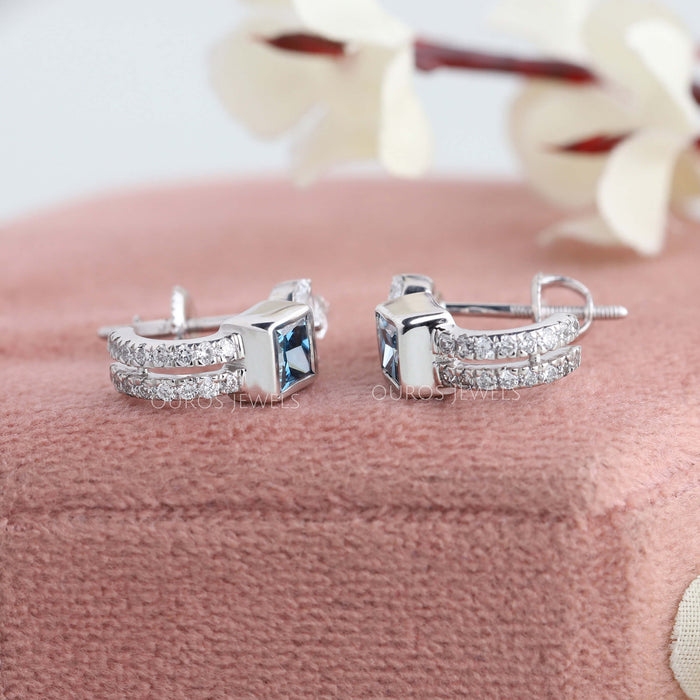 Blue Princess Cut Lab Grown Diamond Hoop Earrings