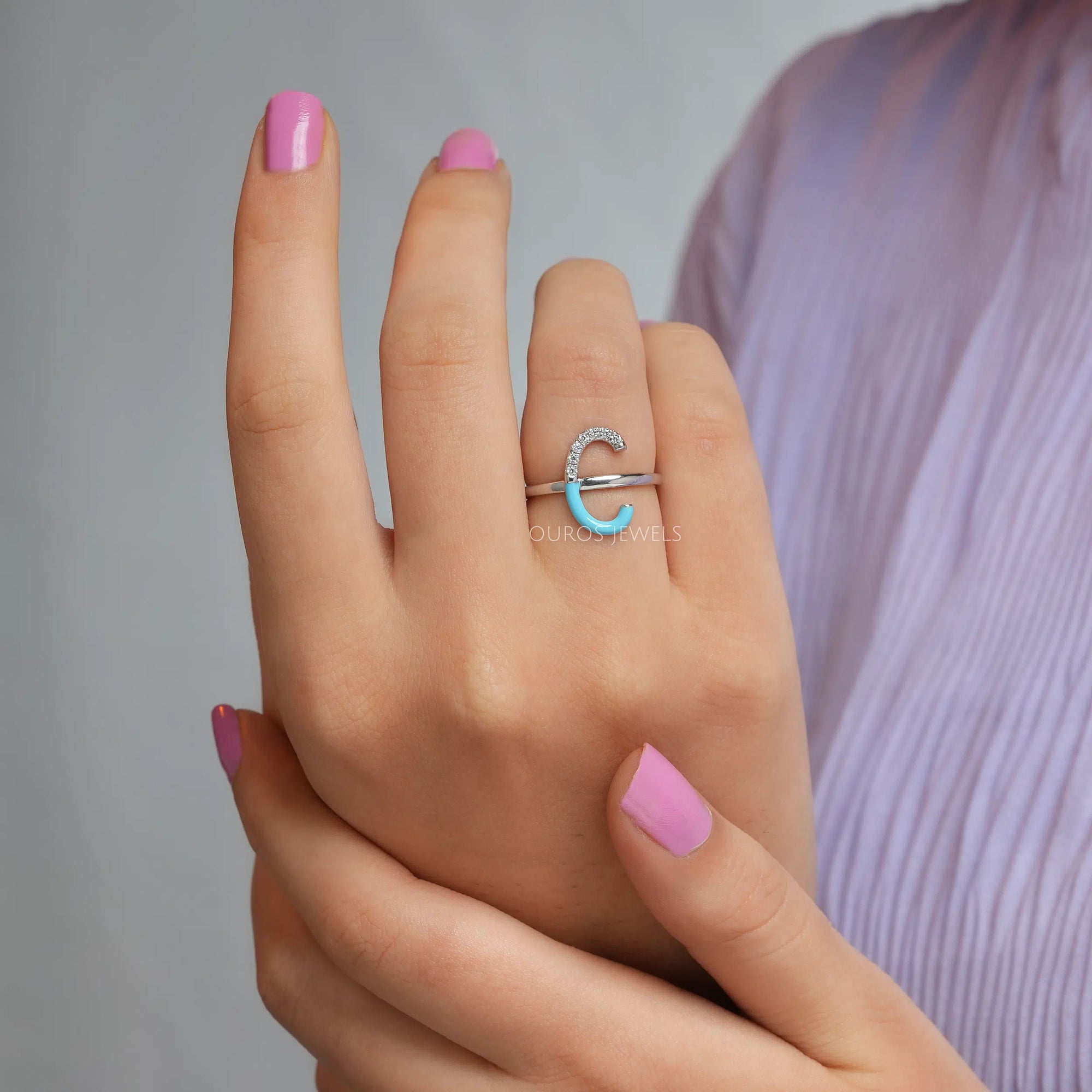 Round Cut Sky Enamel Engagement Ring Rings