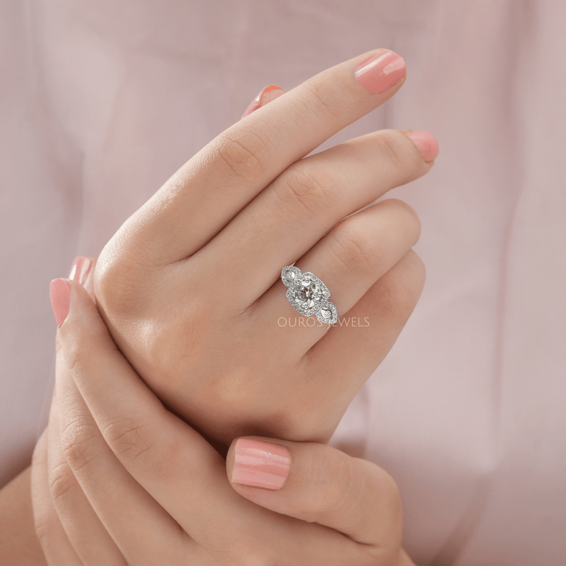 Three Stone Halo Diamond Engagement Ring