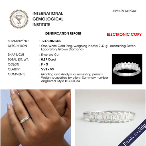 IGI certified emerald cut lab grown diamond seven stone wedding band in 14k solid white gold