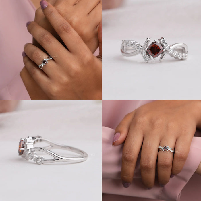 Collage of brilliant cushion cut lab diamond engagement ring in fancy vivid orange color