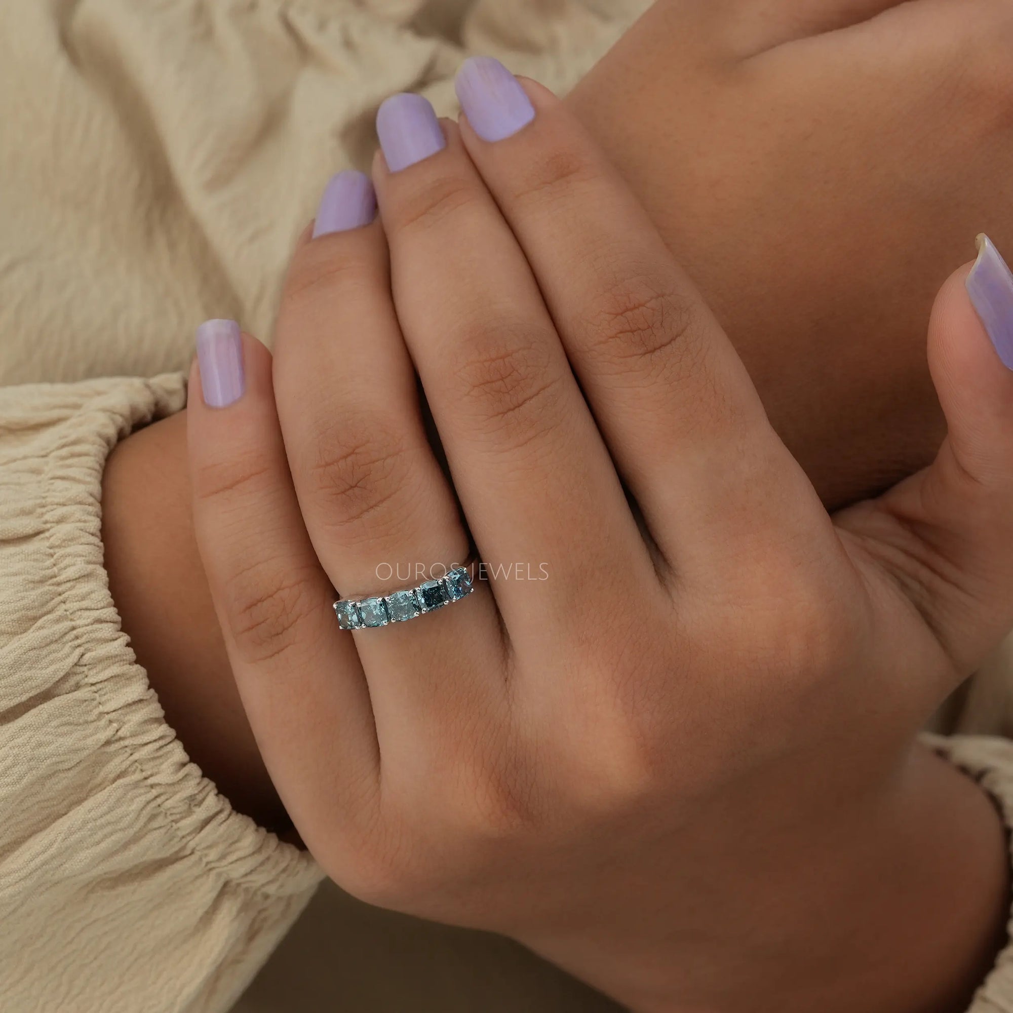 5 Stone Blue Cushion Diamond Ring