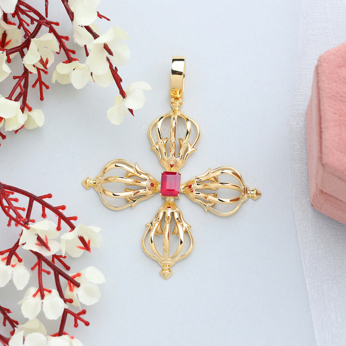 Antqiue Celtic Cross Emerald Ruby Necklace