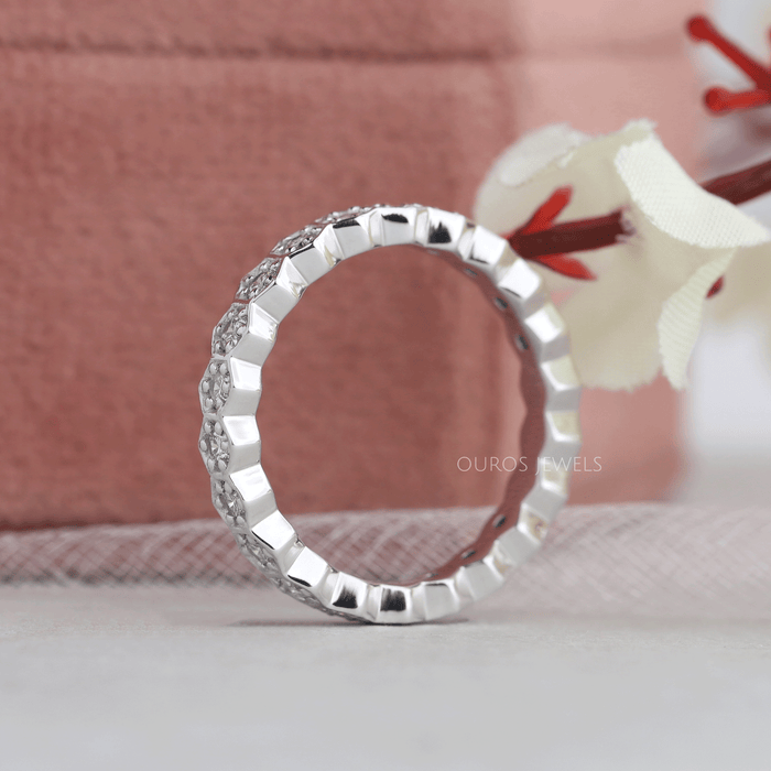 [Back View of Hexagone Round Diamond Weddng Band]-[Ouros Jewels]