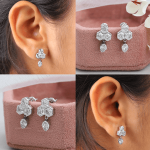 [Collage Of Different Views Of Hexagon And Step Cut Oval Diamond Women's Earrings]-[Ouros Jewels]