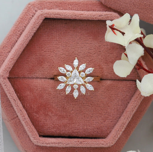 top view of lotus lab diamond ring for engagement in jewelry box