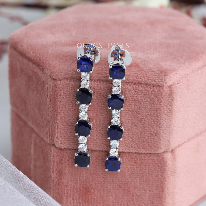 [Blue Sapphire Drop Dangle Earrings]-[Ouros Jewels]