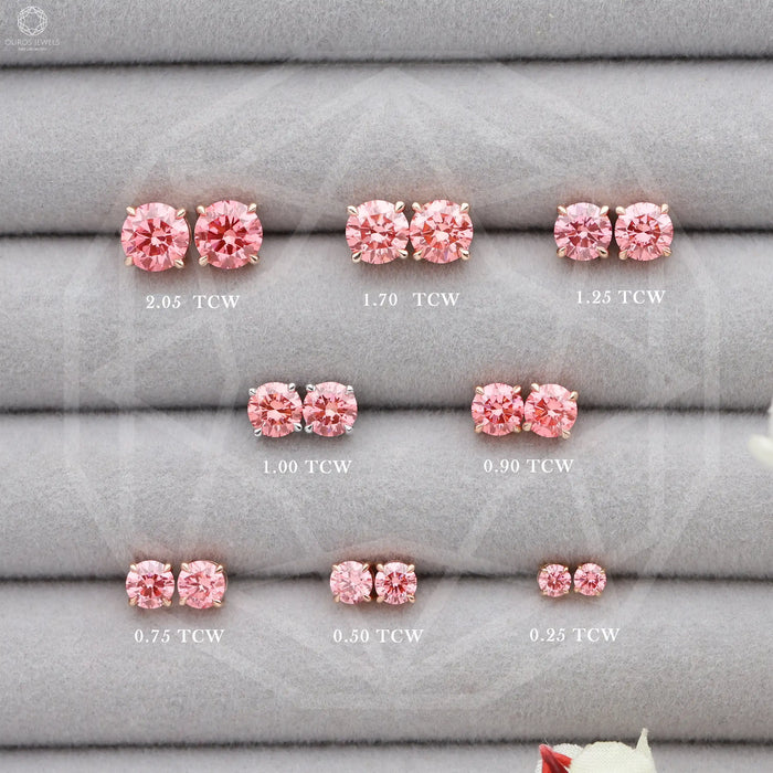 Pink Round Diamond Rose Gold Screw Back Earrings