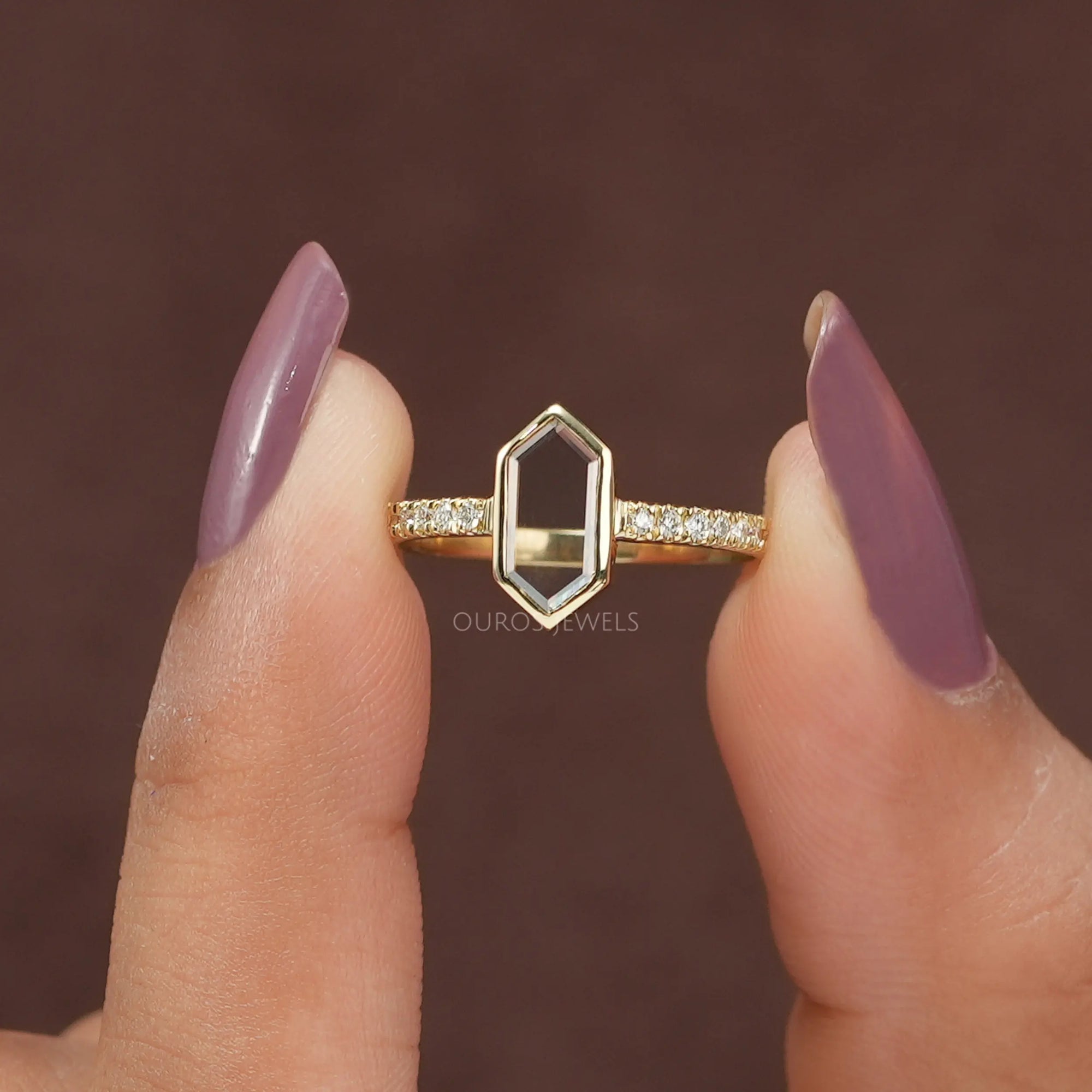 Hexagon Long Portrait Cut Diamond Solitaire Accent Ring
