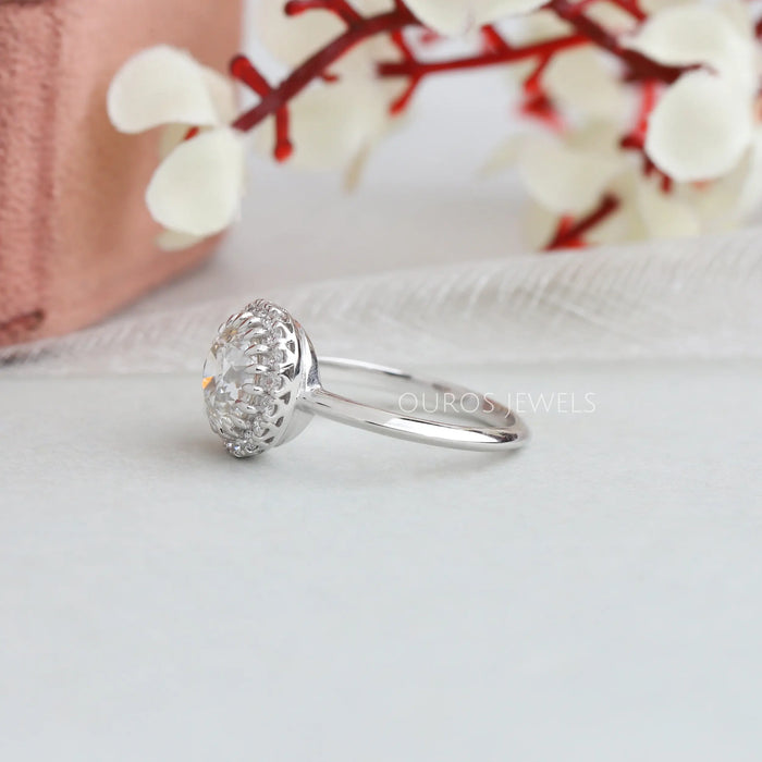 [14K White Gold Lab Diamons Halo Engagemnet Ring]-[Ouros Jewels]