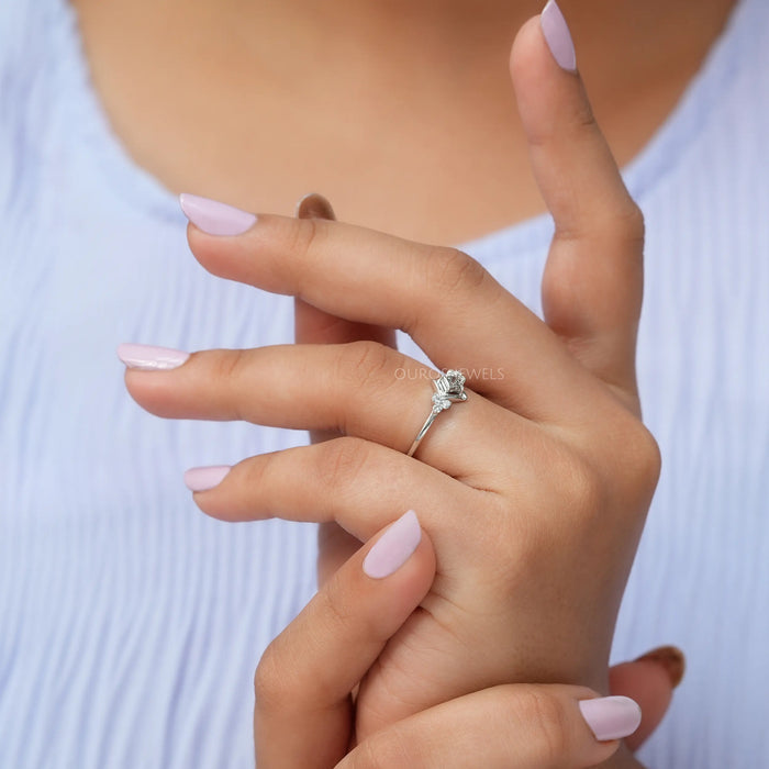 In Finger View of princess brilliant cut Lab made diamond engagement ring    