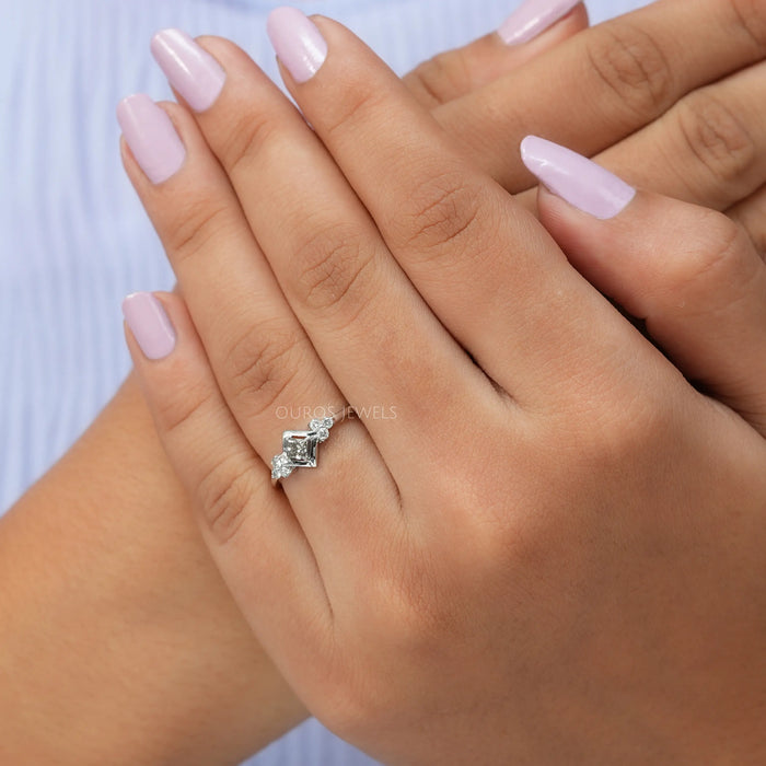 In Finger View of princess and round cut lab grown diamond engagement ring 
