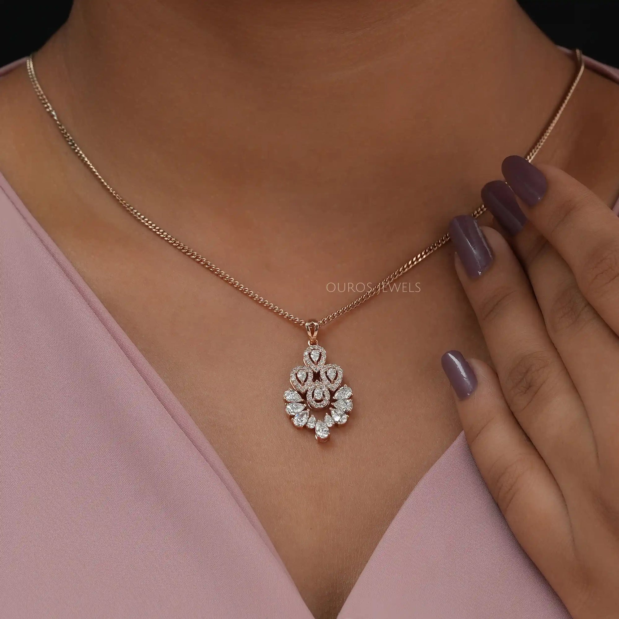 Flower Style Pear Cut Diamond Halo Pendant