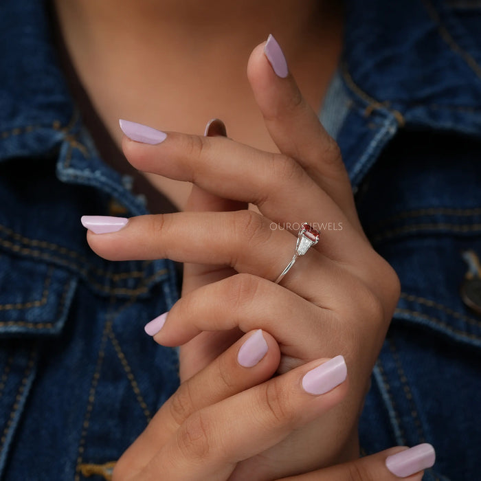 In Finger Side View of Lab Made Cushion Cut Diamond Engagement Ring 