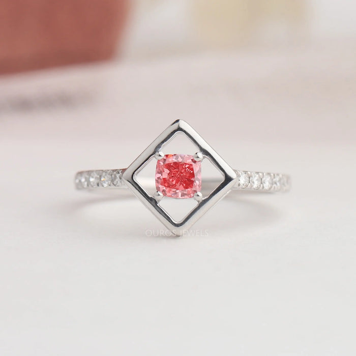 Close Up look of pink cushion solitaire engagement ring crafted with 14k white gold & VS clarity.