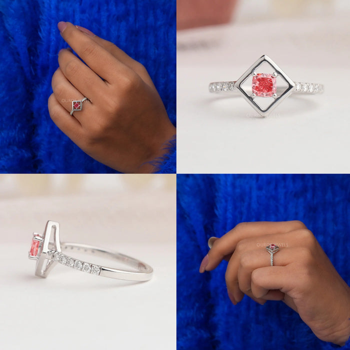 Collage of pink cushion solitaire engagement ring, showing all angles of ring.
