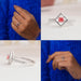 Collage of pink cushion solitaire engagement ring, showing all angles of ring.