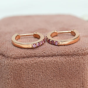 pink round diamond hoop huggie earrings