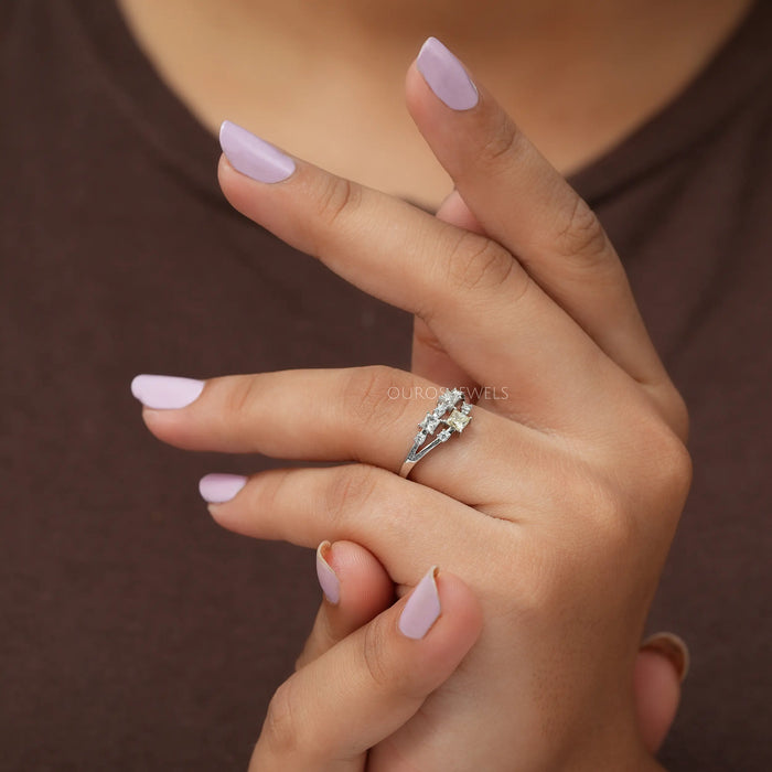 In Finger Side View Of Princess Cut Diamond Ring with Cluster Setting 