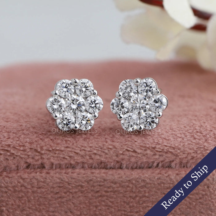 14K White Gold Round Diamond Cluster Stud Earrings