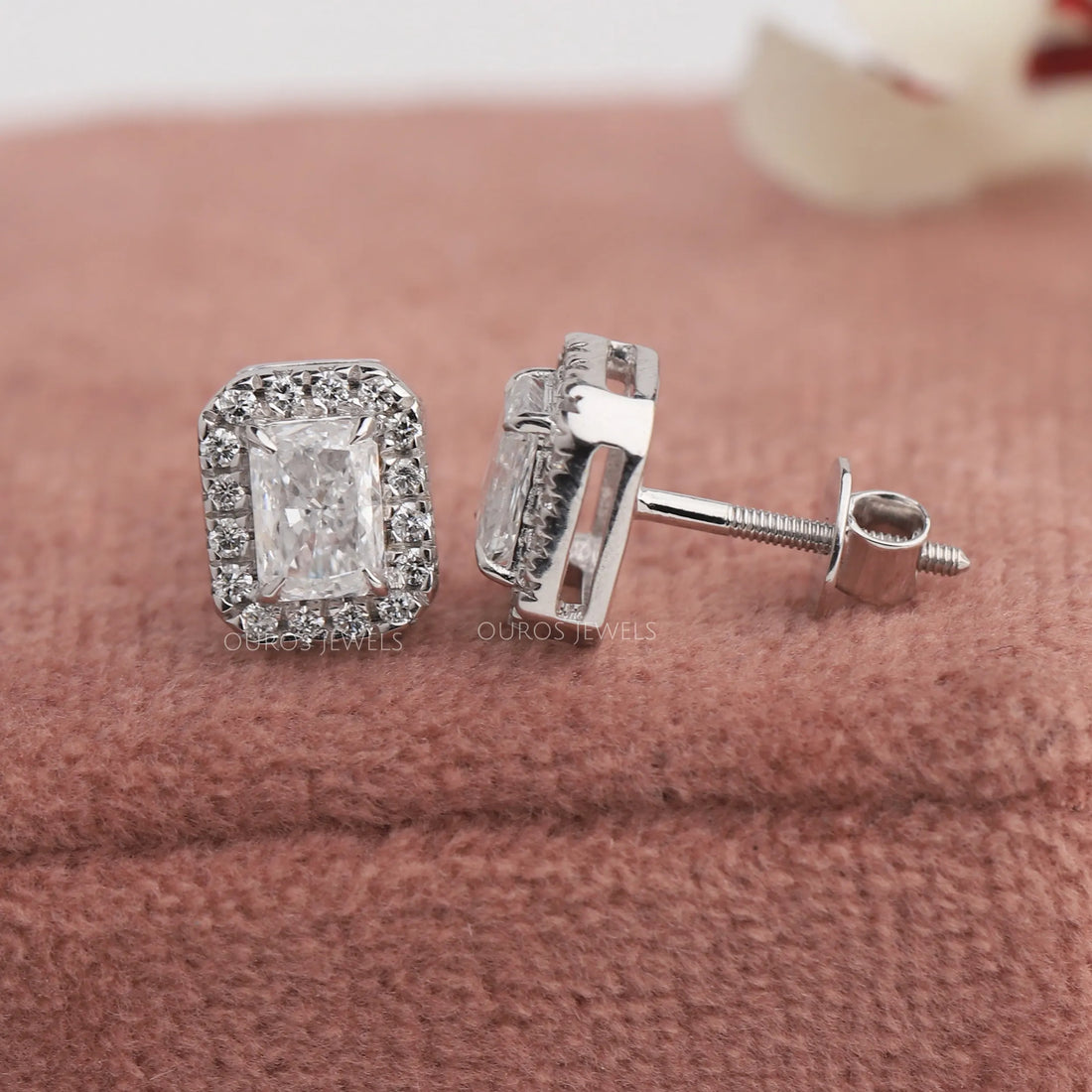 Radiant Cut Halo Diamond Stud Earrings