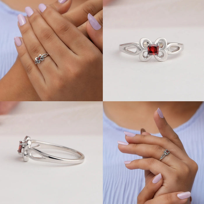 Collage of butterfly shaped lab diamond engagement ring with fancy red diamond