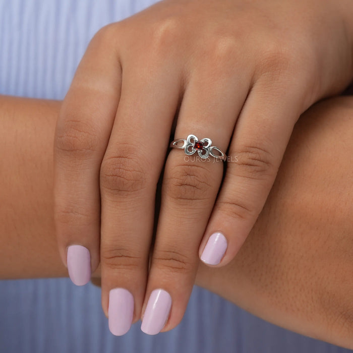 In finger look of red princess cut lab created diamond engagement ring