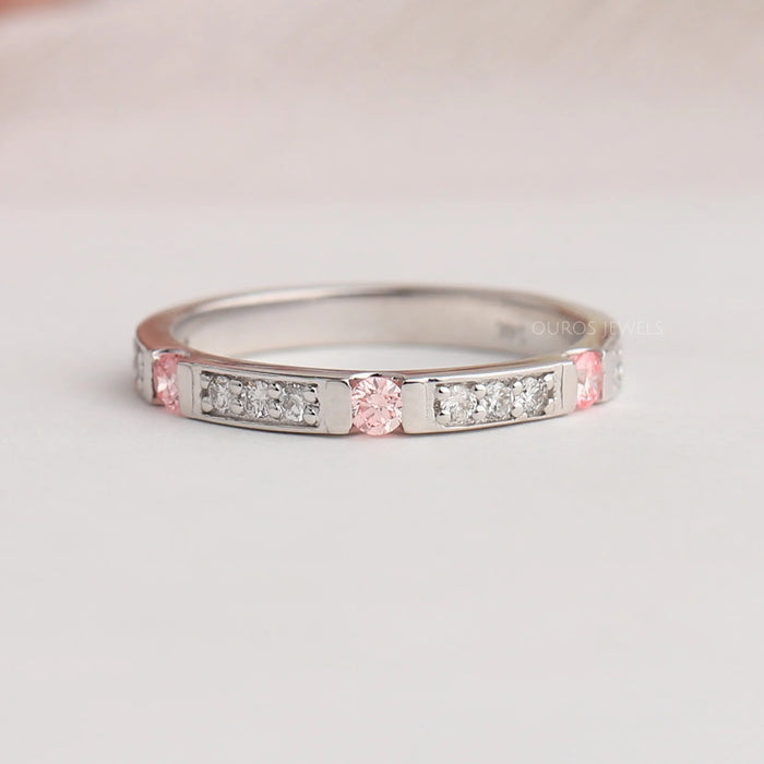 Beautiful Front View Of Pink Round Lab Diamond Half Eternity Band Made In 14K White Gold