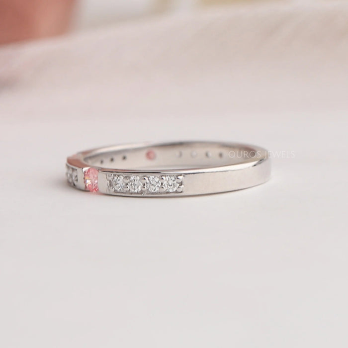 Side View Of Round Diamond Halo Eternity Wedding Band 