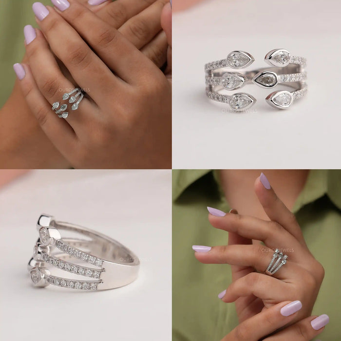 Collage of unique pear diamond ring with three row split shank in white gold