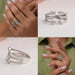 Collage of unique pear diamond ring with three row split shank in white gold