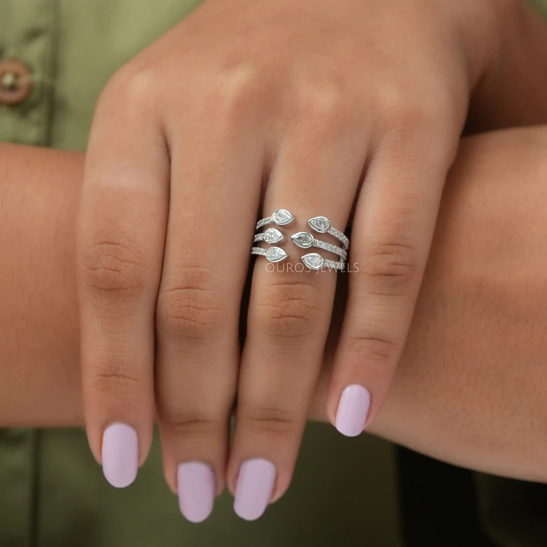 Three Row Pear Diamond Open Cuff Dainty Ring