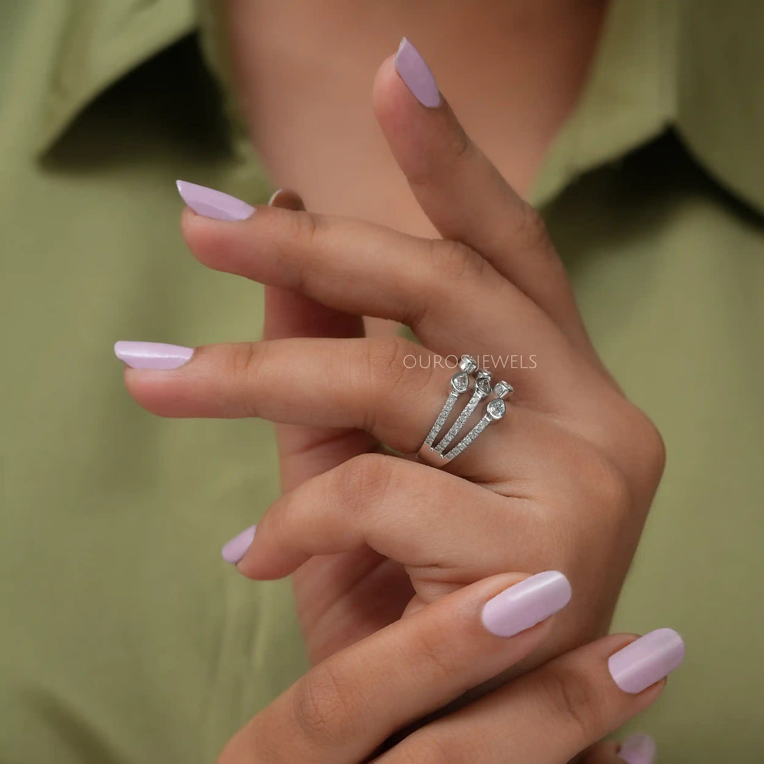 Three Row Pear Diamond Open Cuff Dainty Ring