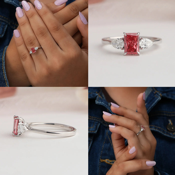 Collage of pink radiant shape lab diamond engagement ring