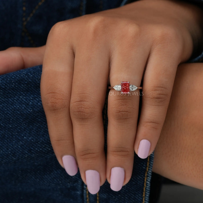 In finger look of pink radiant cut lab created diamond engagement ring