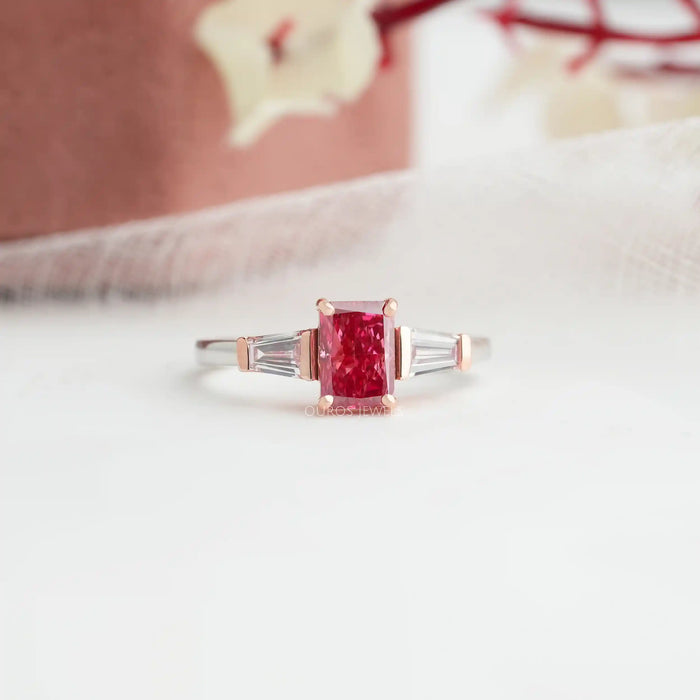 Pink radiant diamond engagement ring with 4 prongs setting in solid rose gold