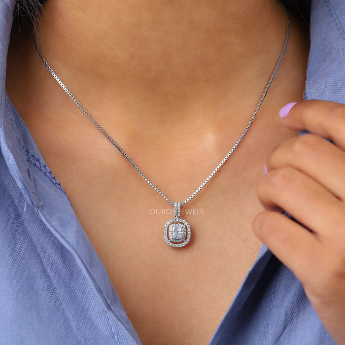 Cushion Cut Icy Blue Halo Diamond Necklace