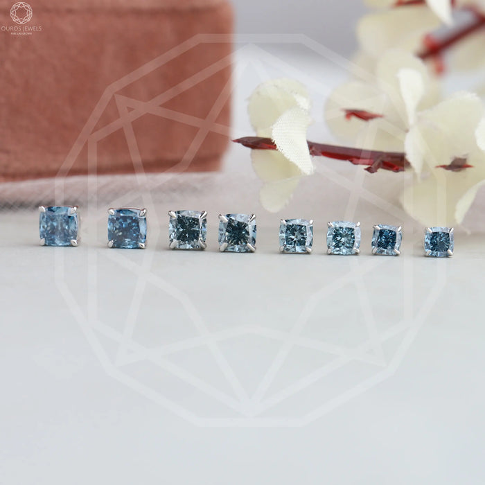 [Front View of Blue Cushion Diamond Studs]-[Ouros Jewels]