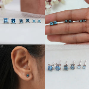 Collage Image View of Blue Diamond Princess Cut Earrings.