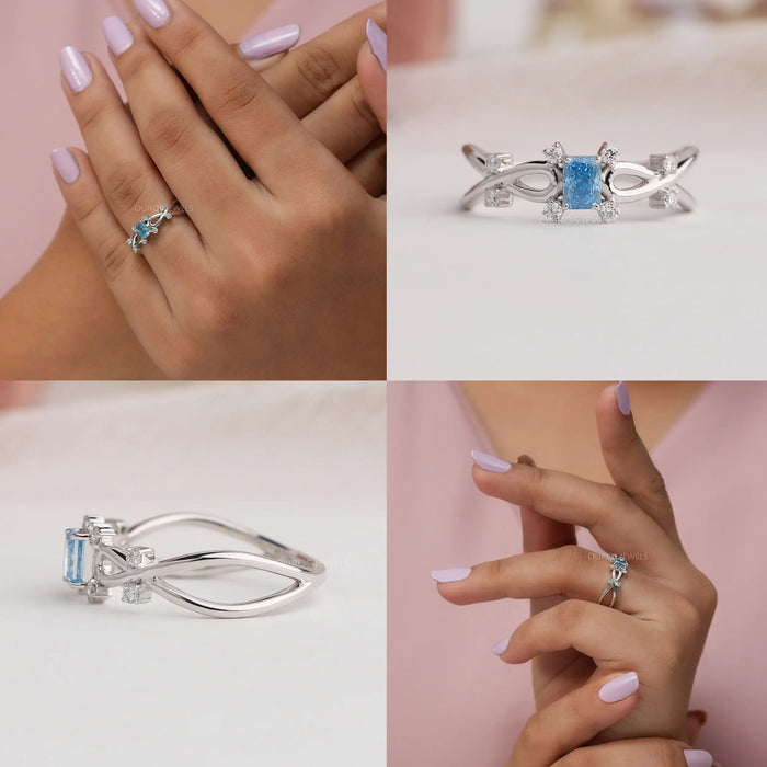 Collage of unique radiant cut engagement ring with fancy blue radiant and round diamonds